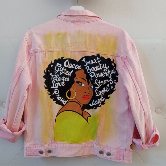 Denim Jacket Hand Painted Levis S Pink New - Picture 4 of 14